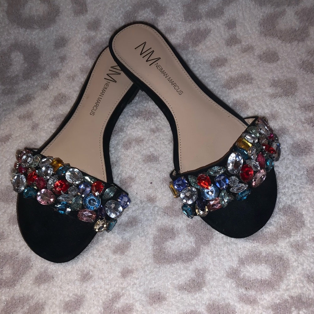 Neiman Marcus Black Sandals with Multicolor Gems
